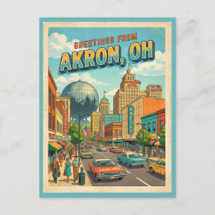 Greetings From Akron Ohio Retro Postcard Colourful