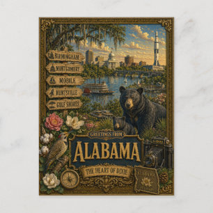 Greetings From Alabama   Vintage Retro Art Postcard