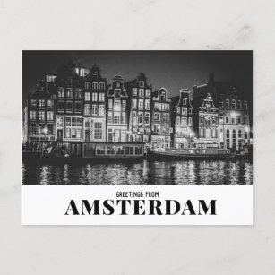 Greetings from Amsterdam Black & White Night Postcard