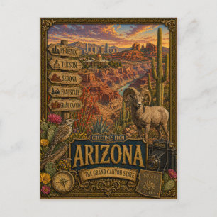 Greetings From Arizona   Vintage Retro Art Postcard