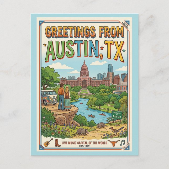 Greetings From Austin TX Retro Colourful Postcard (Front)