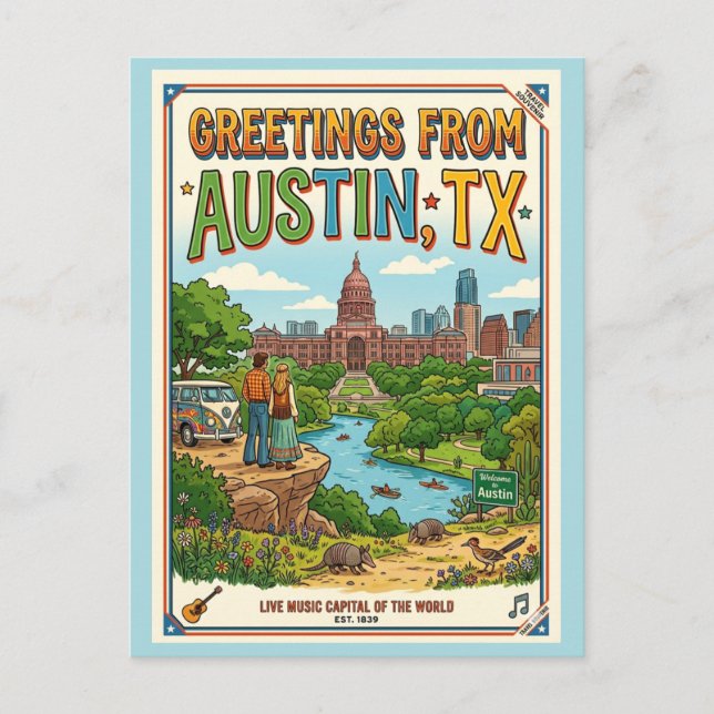 Greetings From Austin TX Retro Colourful Postcard (Front)