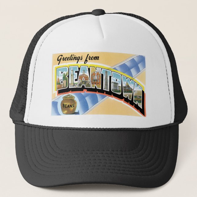 Greetings from Beantown! Vintage Post Card Trucker Hat (Front)