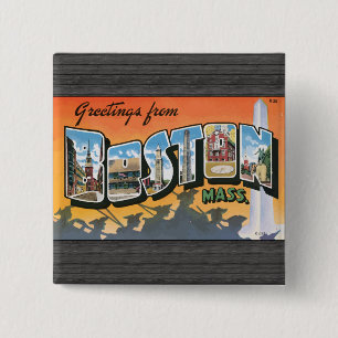 Greetings From Boston Mass., Vintage 15 Cm Square Badge