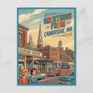 Greetings from Cambridge MA Harvard Square Retro Postcard