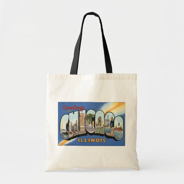 Greetings From Chicago Illinois, Vintage Tote Bag (Front)