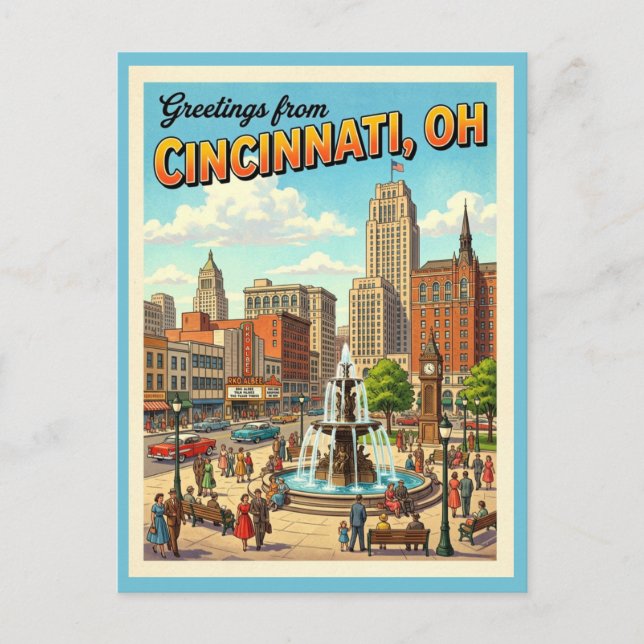 Greetings From Cincinnati Ohio Fountain Square  Postcard (Front)