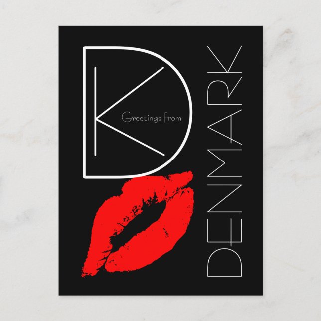 Greetings from Denmark Red Lipstick Kiss Black Postcard (Front)