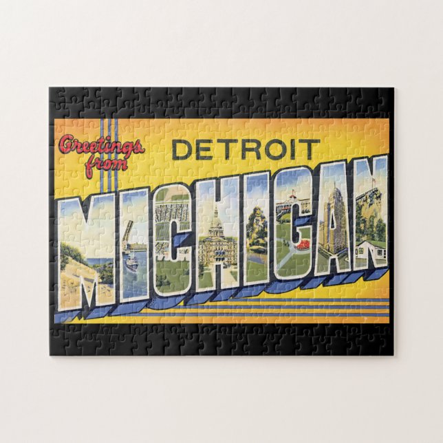 Greetings from Detroit Michigan_Vintage Travel Jigsaw Puzzle (Horizontal)