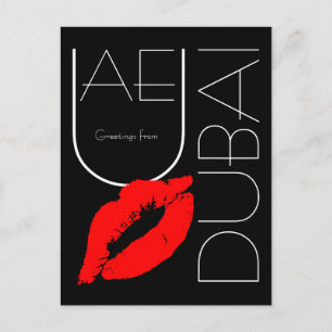 Greetings from Dubai Red Lipstick Kiss Black Postcard