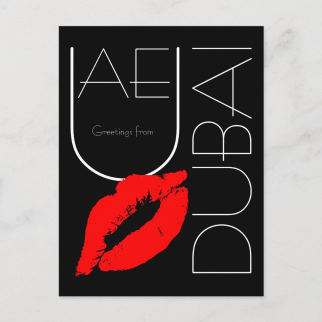 Greetings from Dubai Red Lipstick Kiss Black Postcard (Front)