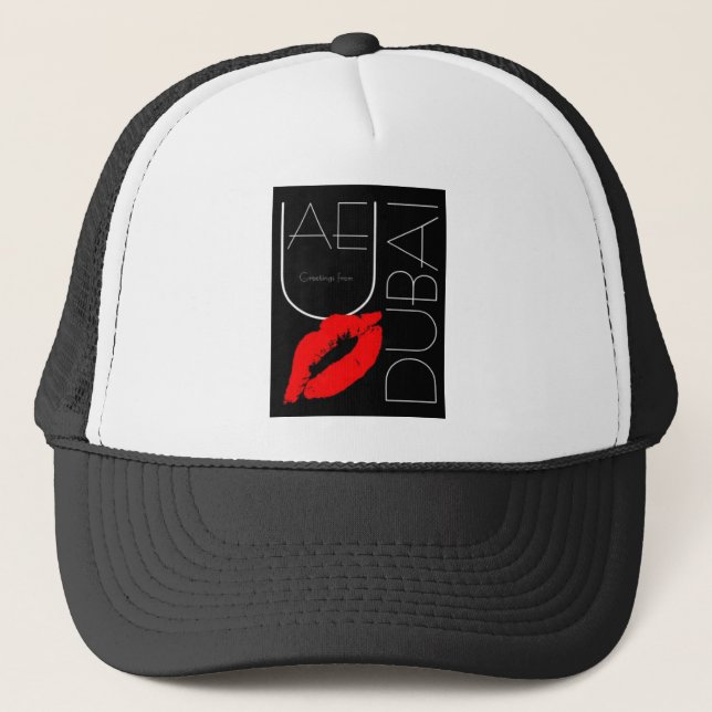 Greetings from Dubai UAE Red Lipstick Kiss Trucker Hat (Front)