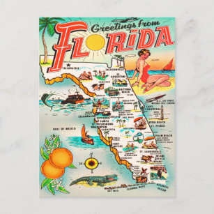 Greetings from Florida Map Vintage Travel Postcard