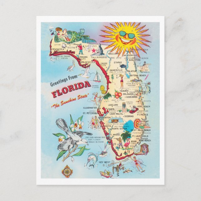 Greetings from Florida Vintage Attractions Map Postcard (Front)