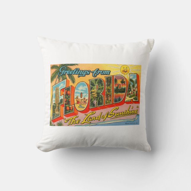 Greetings From Florida Vintage Postcard Cushion (Front)