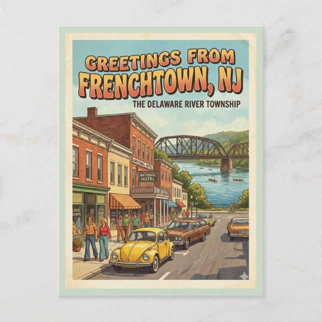 Greetings From Frenchtown NJ Retro Postcard (Front)