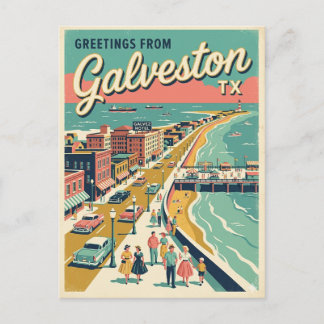 Greetings From Galveston TX Bird’s Eye View Retro  Postcard