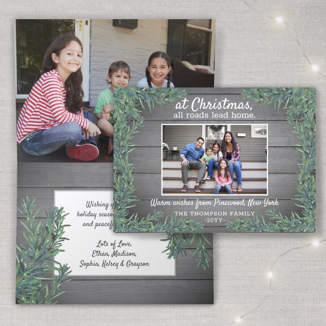 Greetings From Home Christmas Photo Wood Greenery Holiday Card (Creator Uploaded)