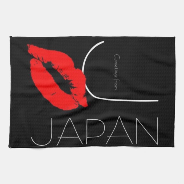 Greetings from Japan Red Lipstick Kiss Black Tea Towel (Horizontal)