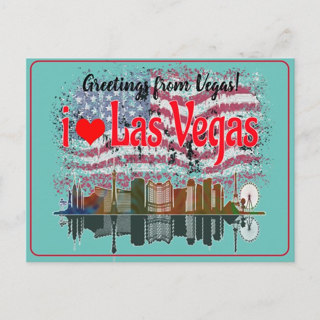 Greetings From Las Vegas Skyline American Flag Holiday Postcard (Front)