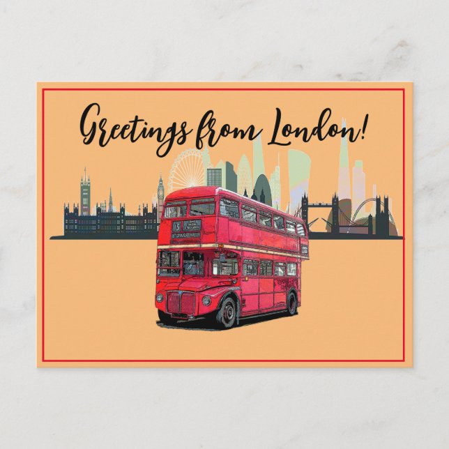 Greetings From London Skyscape Red Bus Souvenir Holiday Postcard (Front)