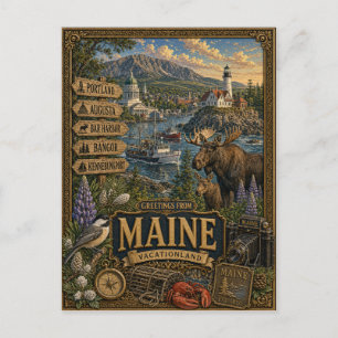 Greetings From Maine Vintage Retro Art Postcard