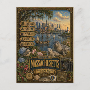 Greetings From Massachusetts Vintage Retro Art Postcard