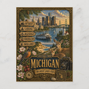 Greetings From Michigan Vintage Retro Art Postcard