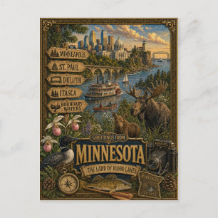 Greetings From Minnesota   Vintage Retro Art Postcard