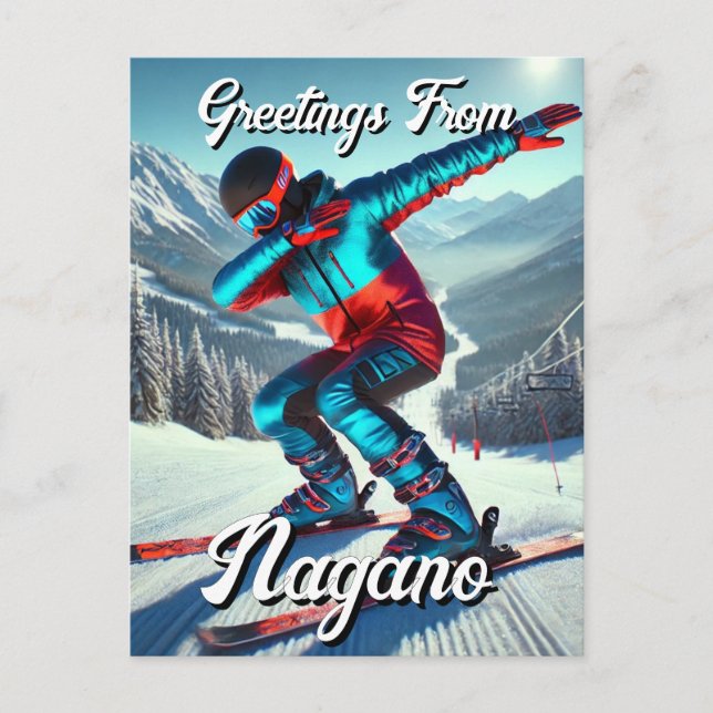 Greetings from Nagano Japan Dabbing Skier Postcard (Front)