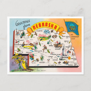 Greetings from Nebraska Map Vintage Travel Postcard