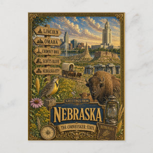 Greetings From Nebraska   Vintage Retro Art Postcard