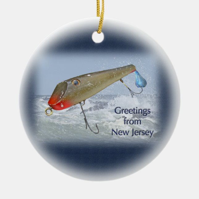 Greetings From New Jersey Fishing Lure Ceramic Tree Decoration (Front)