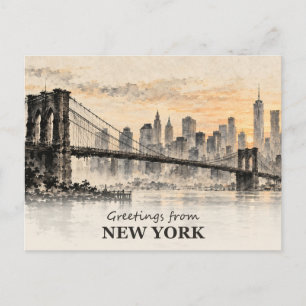 Greetings from New York Brooklyn Bridge Ink Wash Postcard