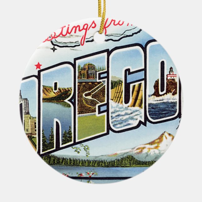 Greetings From Oregon Ceramic Tree Decoration (Front)