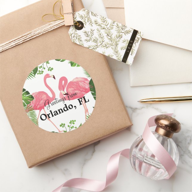 Greetings from Orlando, FL--pink flamingos Classic Round Sticker (Gifting)