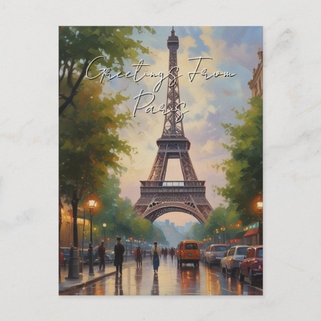 Greetings From Paris Eiffel Tower European Art Holiday Postcard (Front)