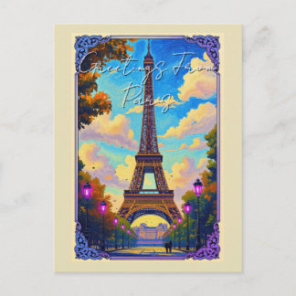 Greetings From Paris Eiffel Tower European Art Holiday Postcard
