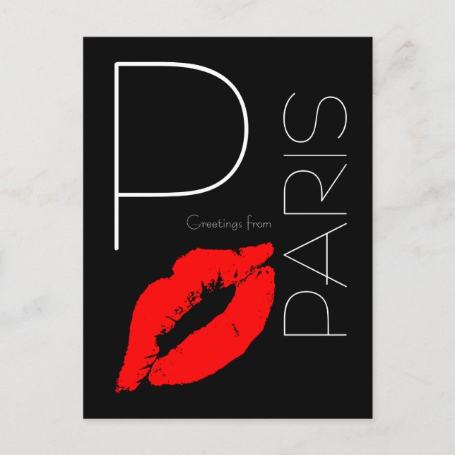 Greetings from Paris Red Lipstick Kiss Black Postcard (Front)
