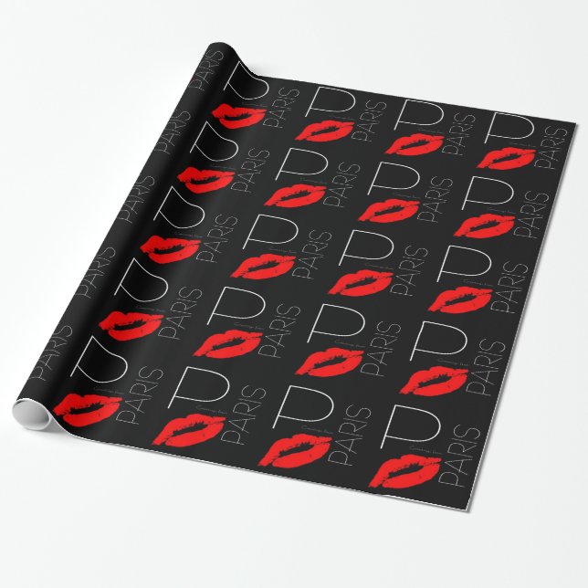 Greetings from Paris Red Lipstick Kiss Black Wrapping Paper (Unrolled)
