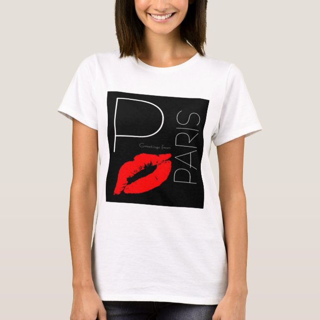 Greetings from Paris Red Lipstick Kiss Love T-Shirt (Front)