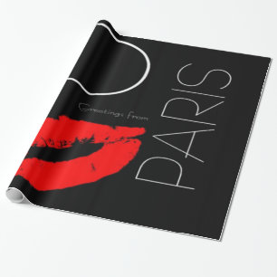 Greetings from Paris Red Lipstick Kiss Love Wrapping Paper