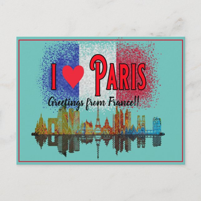 Greetings From Paris Skyline French Flag Souvenir  Holiday Postcard (Front)