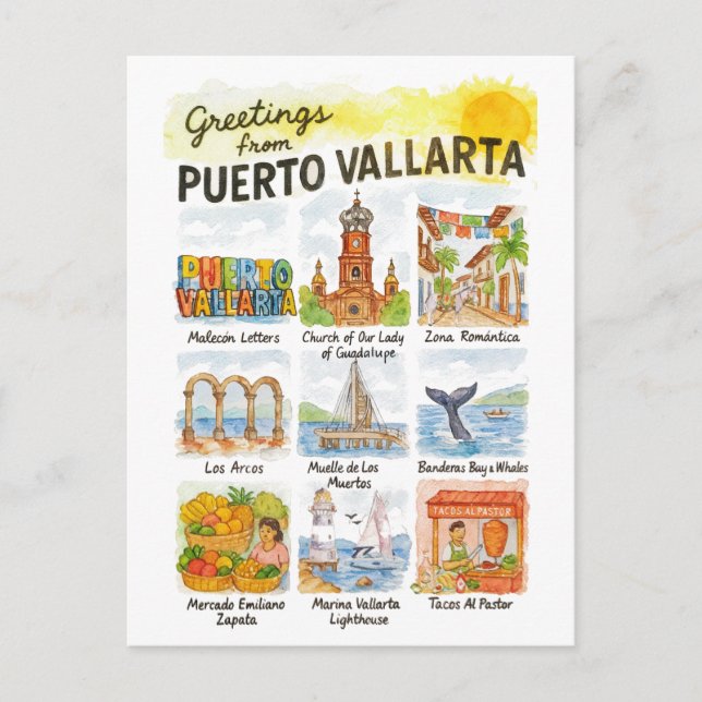 Greetings from Puerto Vallarta | Watercolor Travel Postcard (Front)
