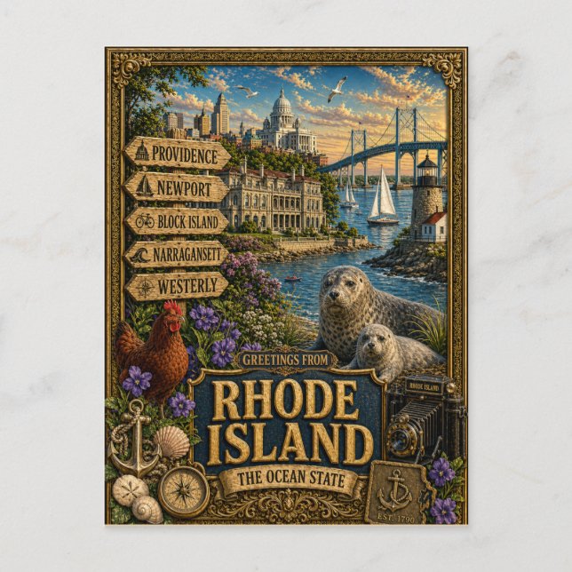 Greetings From Rhode Island | Vintage Retro Art Postcard (Front)