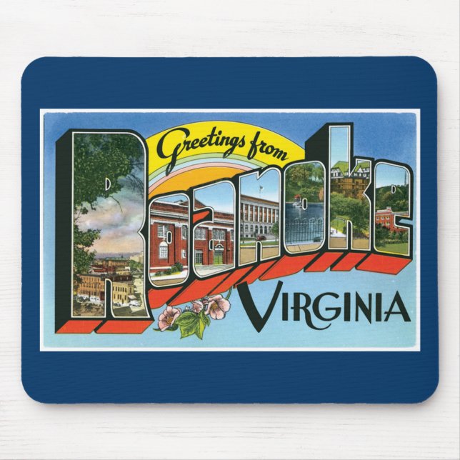 Greetings from Roanoke, Virginia! Retro Post Card Mouse Mat (Front)