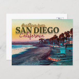 Greetings from San Diego Ca Watercolor Sunset 60s Postcard