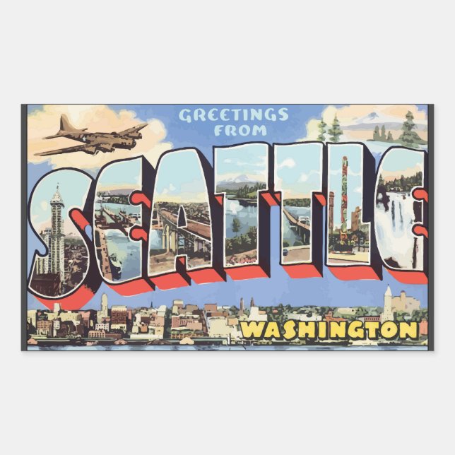 Greetings From Seattle Washington, Vintage Rectangular Sticker (Front)