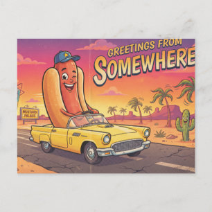 Greetings From Somewhere Vintage Cartoon Hot Dog Postcard