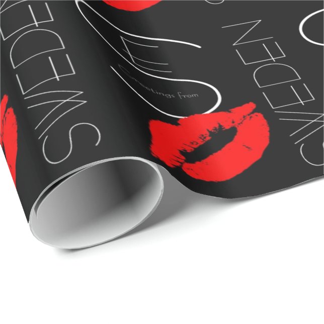 Greetings from Sweden Red Lipstick Kiss Black Wrapping Paper (Roll Corner)